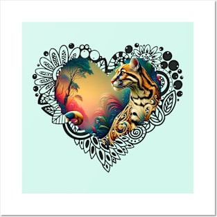 Exotic Ocelot in fantasy jungle, black lace heart Posters and Art